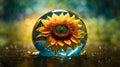 Sunflower in a water drop stands on clear water with bokeh background